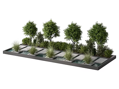 Beautiful Water Fountain Garden Landscape With Green Trees Bushes And Stone Slab Paths 3d model