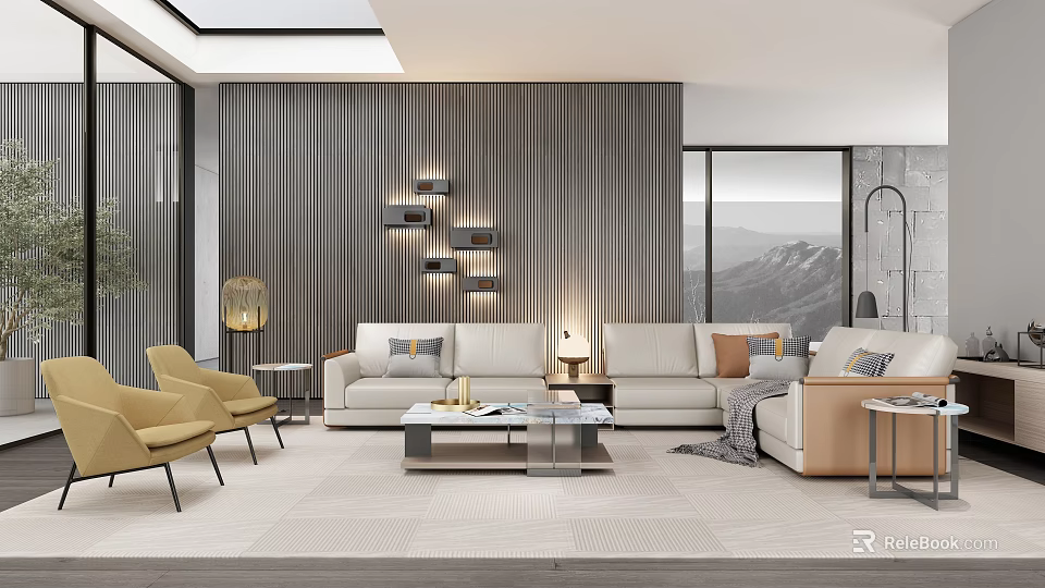 Modern Living Room with Wooden Wall White Sofa Yellow Armchairs and Floor-to-Ceiling Windows Mountain View 3d model 