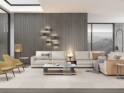 Modern Living Room with Wooden Wall White Sofa Yellow Armchairs and Floor-to-Ceiling Windows Mountain View 3d model