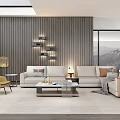 Modern Living Room with Wooden Wall White Sofa Yellow Armchairs and Floor-to-Ceiling Windows Mountain View
