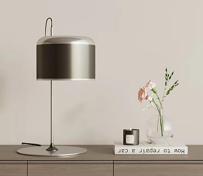 Modern Table Lamp With Silver Base Gray Shade And Glass Vase With Pink Flowers 3d model