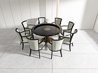 Modern Round Dining Table And Eight Chairs Set With Light Cushions And Black Frames 3d model