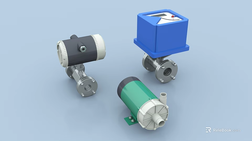 Industrial Equipment Including Pumps Valves Black Blue Green With Metal Connections 3d model 