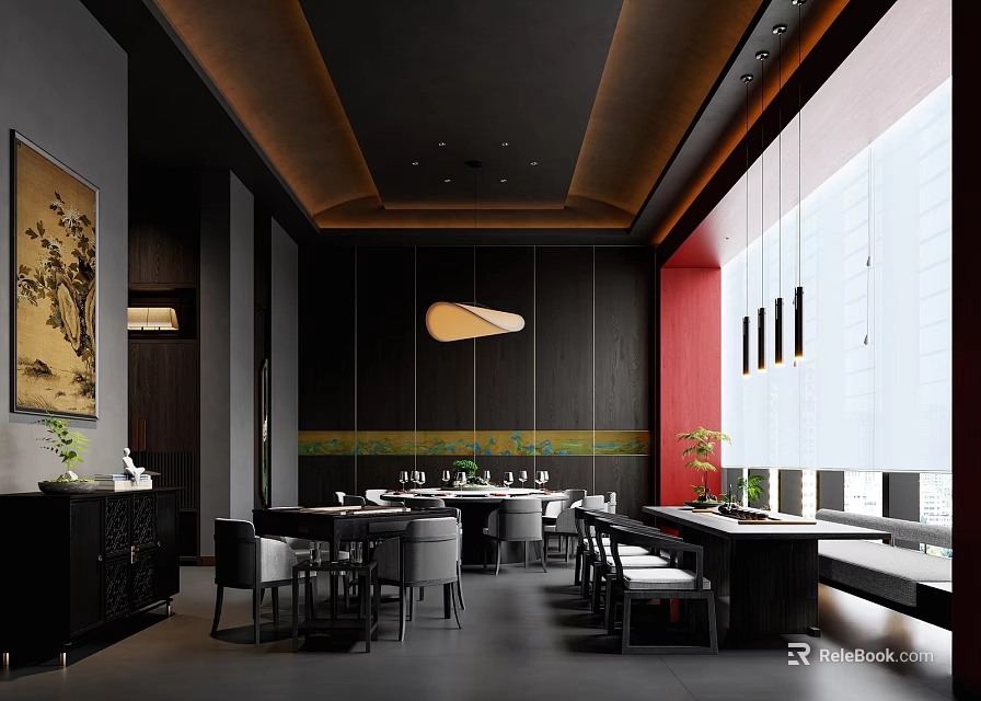 Elegant Modern Chinese Private Dining Room Interior With Dining Table Seats Pendant Lights And Decorative Paintings 3d model 