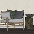 Natural Wooden Frame Leisure Chair With Plaid And Solid Cushions And Tree Stump Side Table