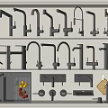 Various Styles of Black Kitchen Faucets Displayed on White Shelf with Sink Parts