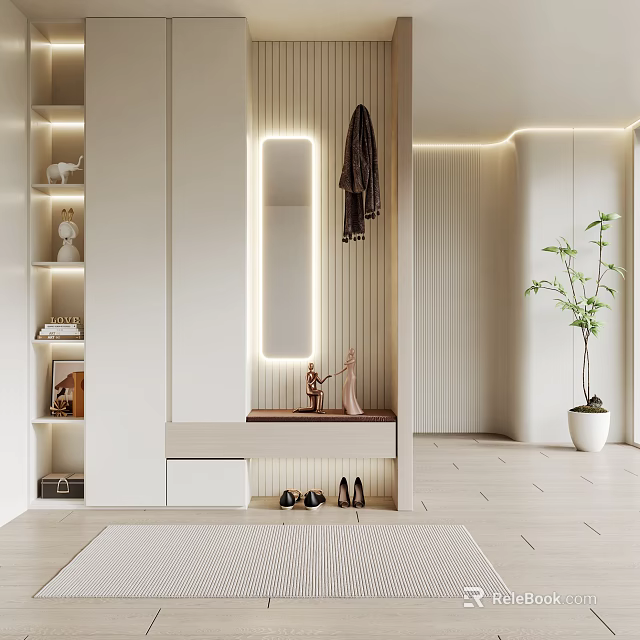 Modern Entryway Hallway Interior Design With Mirror Lighting Bench Shoes Potted Plant Shelves 3d model 
