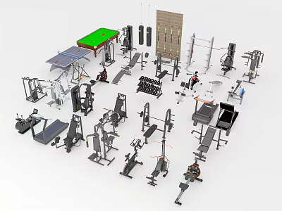 Diverse Sports Equipment For Home Gym With Dumbbells Barbells And Treadmills 3d model