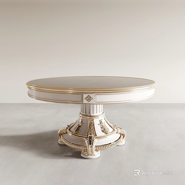 Elegant Round Dining Table With Sleek Tabletop And Gold Ornate Base Design 3d model 