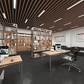 Public Office Space With Open Layout Desks Computers Wooden Bookshelves Sofas And Modern Ceiling Lights