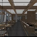 Warm Restaurant Interior With Wooden Ceiling Rattan Pendant Lights Dining Tables And Chairs