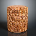 Handcrafted Woven Round Rattan Stool With Natural Brown Textured Surface Home Decor