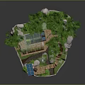 Cartoon Scenic Island Scene With Greenhouse Trees Solar Panels And Pathway Rocks