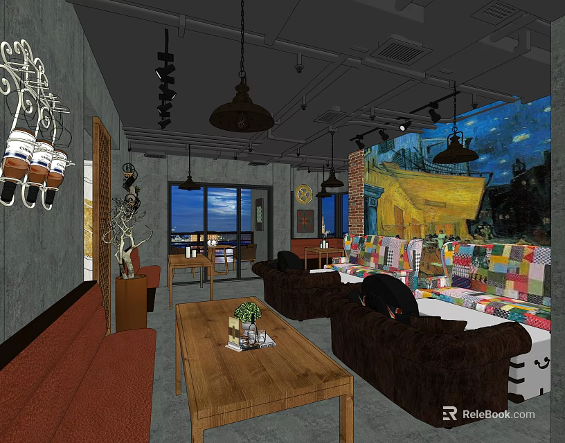 Cozy Café Interior With Iron Decor Hanging Chandeliers Brown Sofas And Van Gogh Painting 3d model 