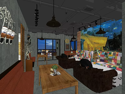 Cozy Café Interior With Iron Decor Hanging Chandeliers Brown Sofas And Van Gogh Painting 3d model