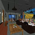 Cozy Café Interior With Iron Decor Hanging Chandeliers Brown Sofas And Van Gogh Painting