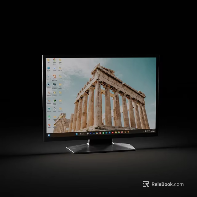 Modern Computer Monitor With Black Frame Stable Base And Ancient Building Image On Screen 3d model 