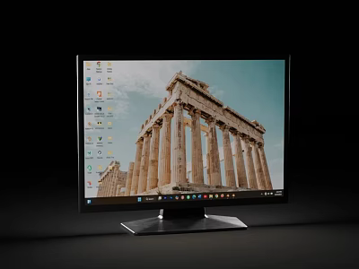 Modern Computer Monitor With Black Frame Stable Base And Ancient Building Image On Screen 3d model