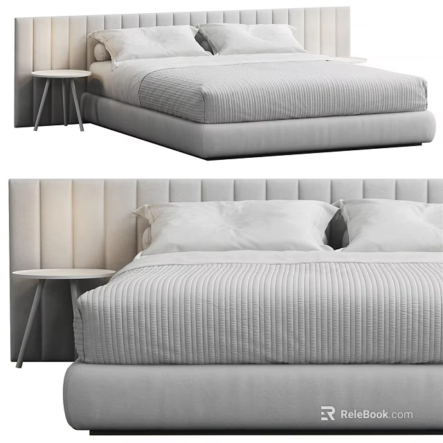 Modern Upholstered Double Bed With Striped Bedspread Padded Headboard And Side Table 3d model