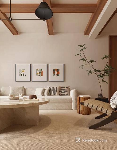 Minimalist Modern Living Room Interior With Beige Sofa Three Framed Artworks And Green Plant 3d model 