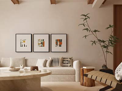 Minimalist Modern Living Room Interior With Beige Sofa Three Framed Artworks And Green Plant 3d model
