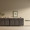 Modern Minimalist Dark Gray Entryway Cabinet And Side Cabinet With Decorative Vases And Wall Art