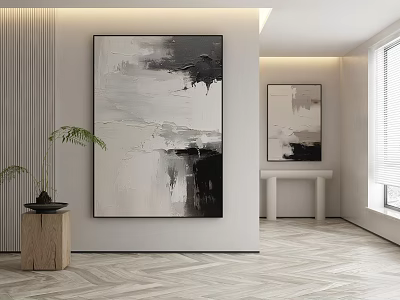 Minimalist Modern Interior With Large Black White Abstract Painting Wooden Table And Herringbone Floor 3d model