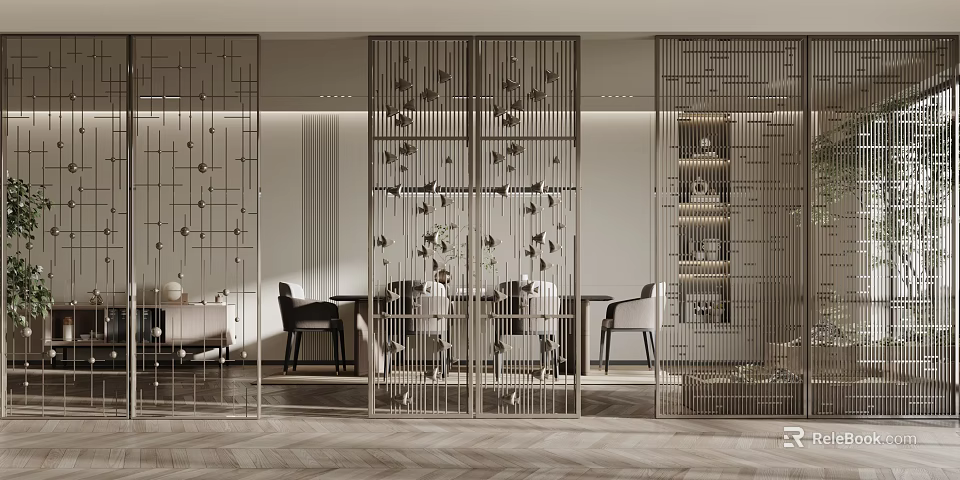 Modern Decorative Metal Lattice Partition In Dining Space With Tables Chairs And Cabinets 3d model 