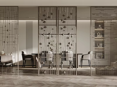 Modern Decorative Metal Lattice Partition In Dining Space With Tables Chairs And Cabinets 3d model