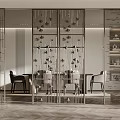 Modern Decorative Metal Lattice Partition In Dining Space With Tables Chairs And Cabinets