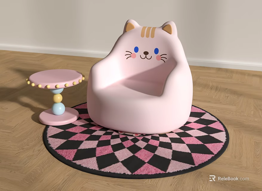 Cute Cat Shaped Pink Kids Chair with Small Round Table on Checkerboard Rug 3d model 