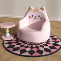 Cute Cat Shaped Pink Kids Chair with Small Round Table on Checkerboard Rug