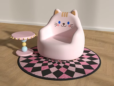 Cute Cat Shaped Pink Kids Chair with Small Round Table on Checkerboard Rug 3d model