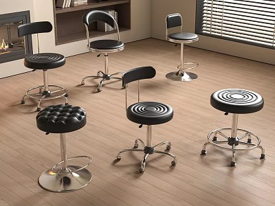 Various Modern Bar Stools With Backrests Leather Seats And Metal Bases On Wooden Floor 3d model