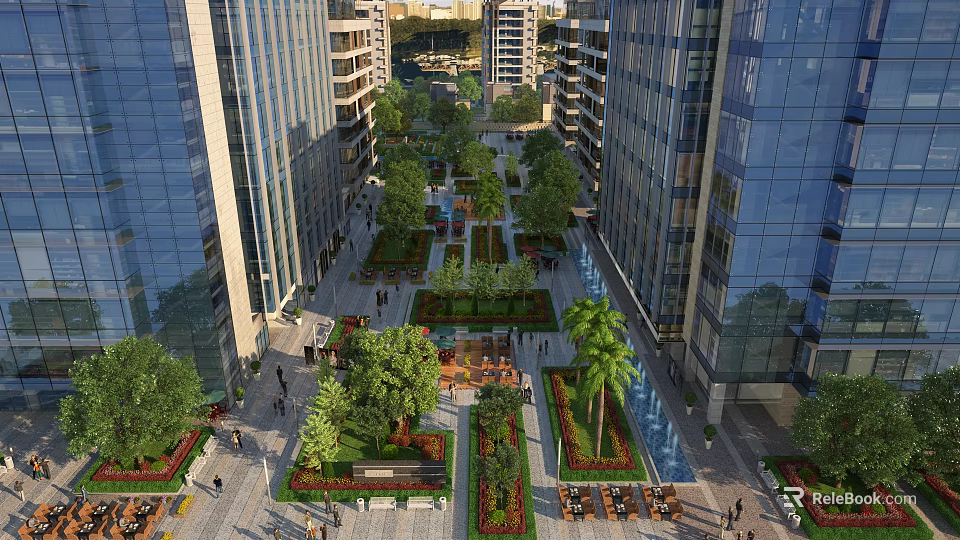Modern Commercial Street With Greenery Pedestrian Areas Outdoor Seating And Tall Buildings 3d model 