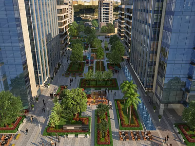 Modern Commercial Street With Greenery Pedestrian Areas Outdoor Seating And Tall Buildings 3d model
