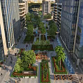 Modern Commercial Street With Greenery Pedestrian Areas Outdoor Seating And Tall Buildings