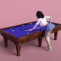 Woman Playing Pool Leaning Over Wooden Billiard Table With Colorful Balls On Pink Background