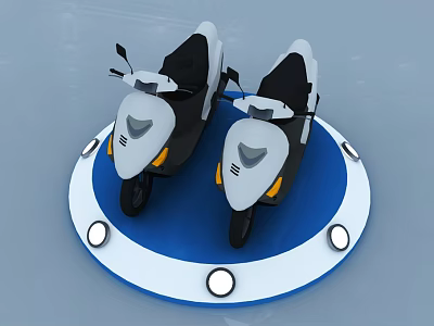 Two Black and White Scooter Motorcycles on Blue White Display Platform with Illuminated Lights 3d model
