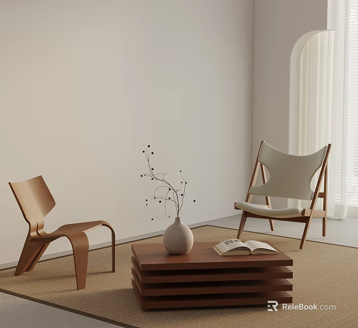 Stylish Wooden Chairs And Coffee Table With Vase Open Book In Light Wall Room 3d model 