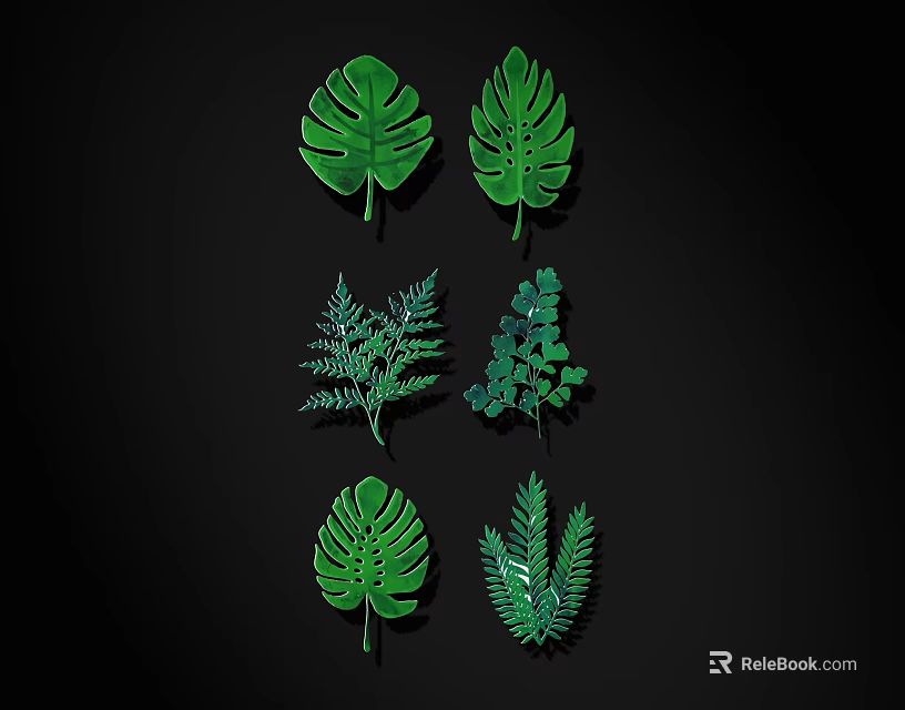 Green Tropical Leaves Collection on Black Background with Different Foliage Types 3d model