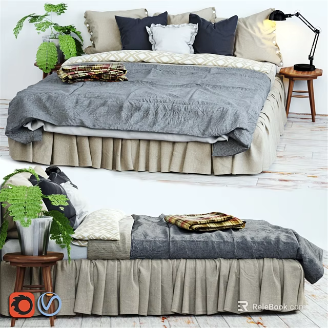 Cozy Double Bed With Gray Quilt Beige Bed Skirt Throw Pillows And Nightstand Green Plant 3d model 