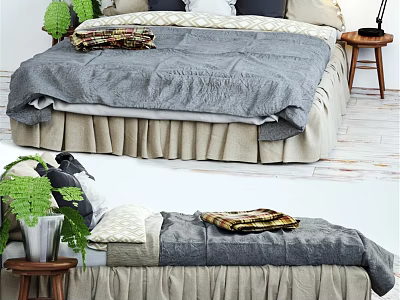 Cozy Double Bed With Gray Quilt Beige Bed Skirt Throw Pillows And Nightstand Green Plant 3d model