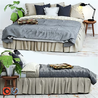 Cozy Double Bed With Gray Quilt Beige Bed Skirt Throw Pillows And Nightstand Green Plant 3d model