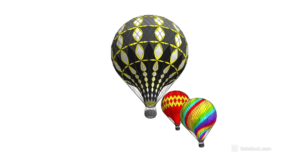 Large Black Hot Air Balloon With Yellow White Patterns And Small Red Wavy Colorful Balloons 3d model 