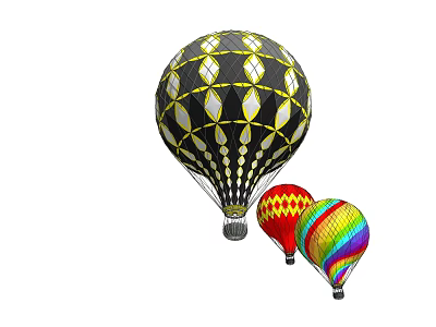 Large Black Hot Air Balloon With Yellow White Patterns And Small Red Wavy Colorful Balloons 3d model