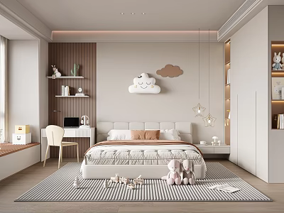 Cozy Modern Kids Room Interior With Cloud Decor Toys Desk Chair And Storage Cabinets 3d model