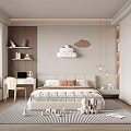 Cozy Modern Kids Room Interior With Cloud Decor Toys Desk Chair And Storage Cabinets