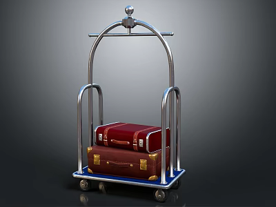 Metallic Luggage Cart With Silver Frame And Red Brown Leather Suitcases On Wheels 3d model