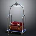 Metallic Luggage Cart With Silver Frame And Red Brown Leather Suitcases On Wheels